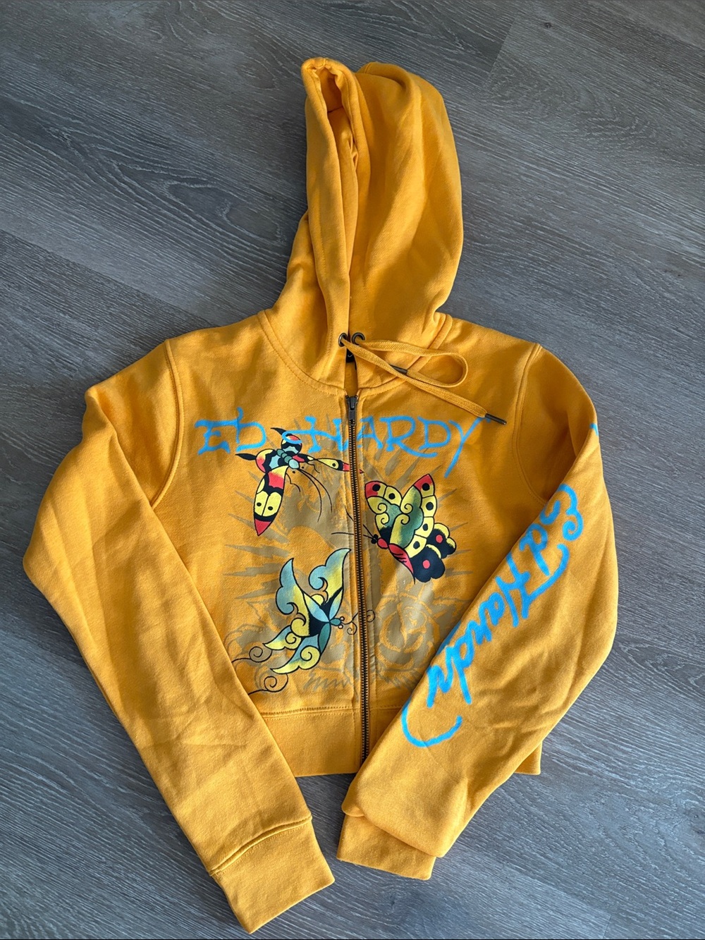 Ed Hardy Yellow Zip Hoodie with Blue Script & Butterfly Graphics Set